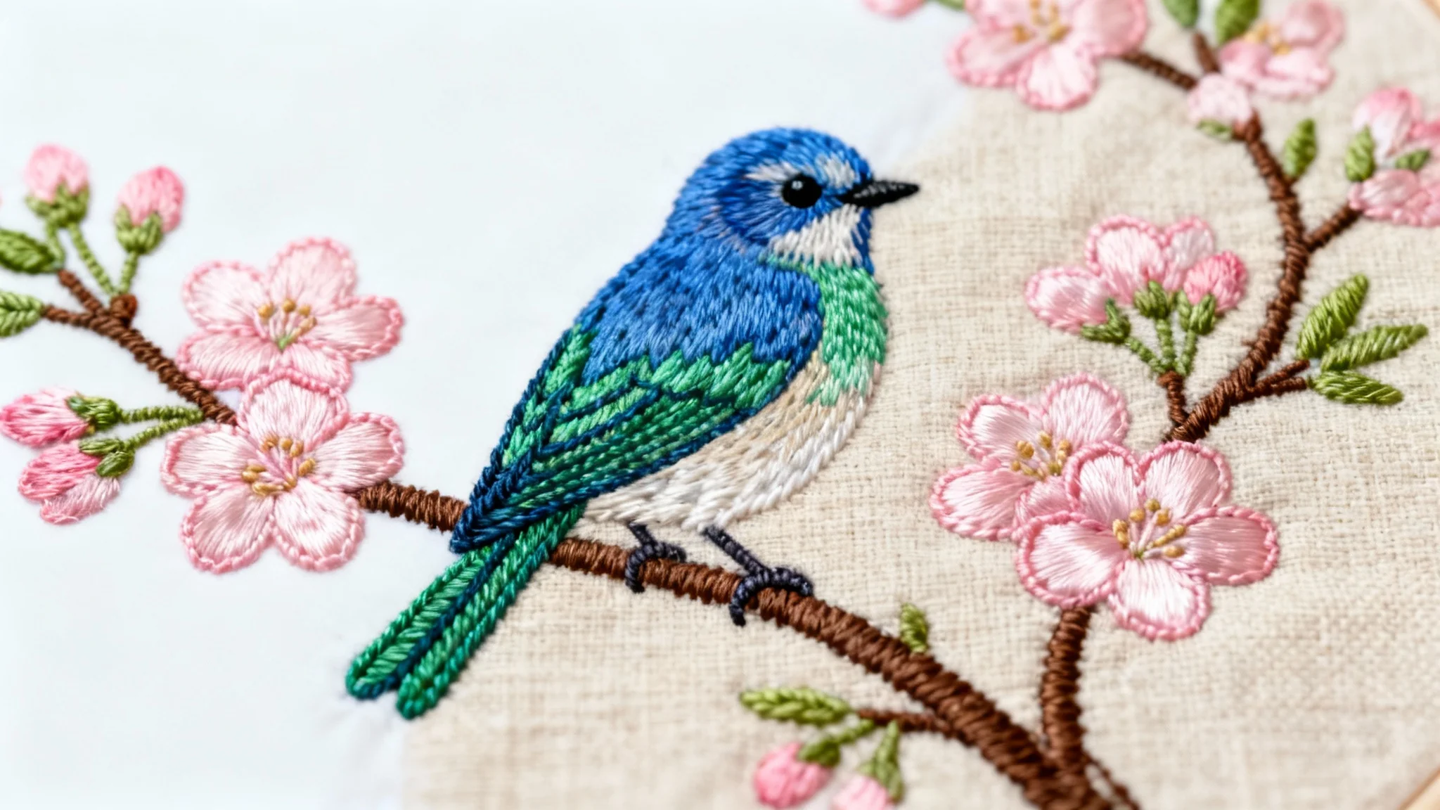 A close-up, detailed photograph of a beautiful embroidery featuring a blue and green songbird on a branch with pink blossoms, stitched onto linen fabric, set against a clean white background.