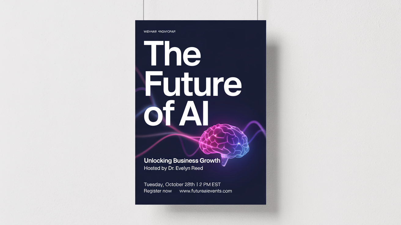 A mockup of a modern webinar poster for an event titled 'The Future of AI', featuring a dark blue and purple color scheme with bold white text, displayed on a clean white background.