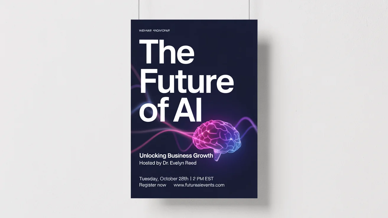 A mockup of a modern webinar poster for an event titled 'The Future of AI', featuring a dark blue and purple color scheme with bold white text, displayed on a clean white background.