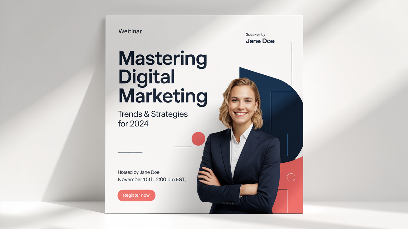 A modern and professional webinar poster mockup for a digital marketing event, featuring event details and a speaker's photo, set against a clean white background.