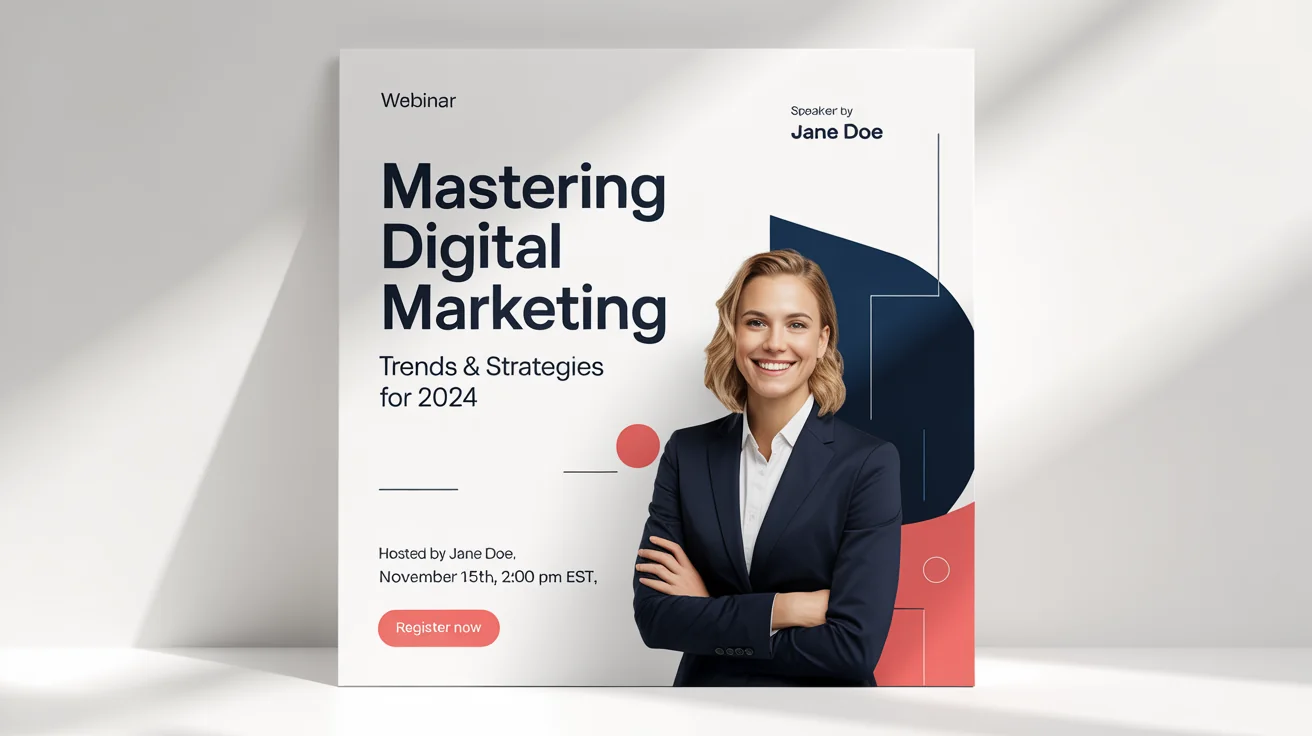 A modern and professional webinar poster mockup for a digital marketing event, featuring event details and a speaker's photo, set against a clean white background.