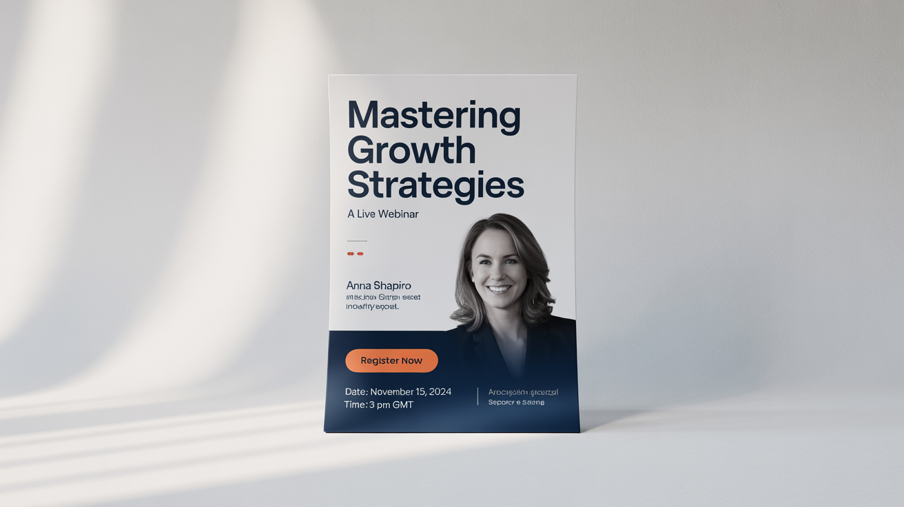 A professionally designed webinar poster mockup for 'Mastering Growth Strategies,' featuring a speaker's headshot and event details, displayed on a clean white background.