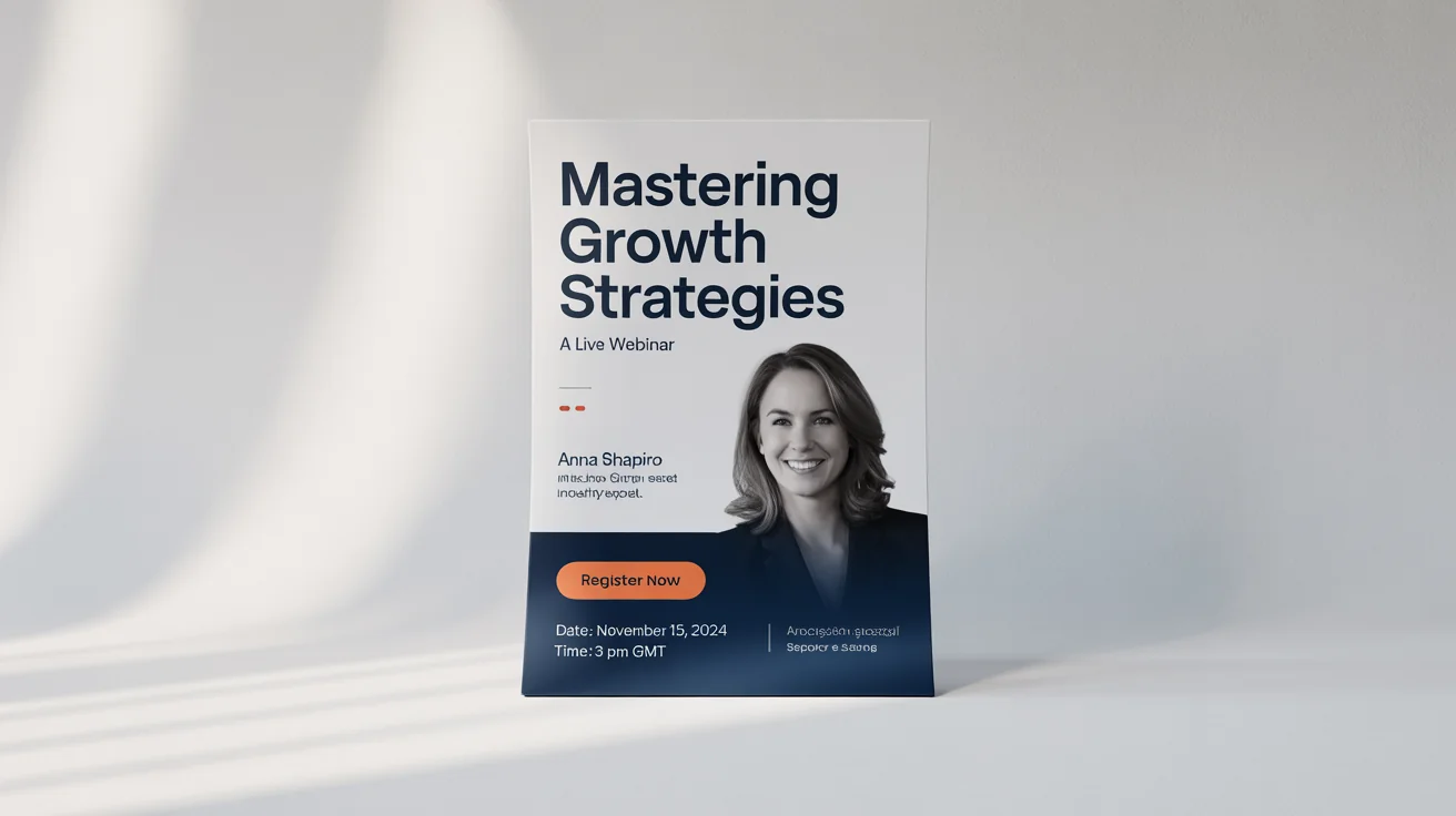 A professionally designed webinar poster mockup for 'Mastering Growth Strategies,' featuring a speaker's headshot and event details, displayed on a clean white background.