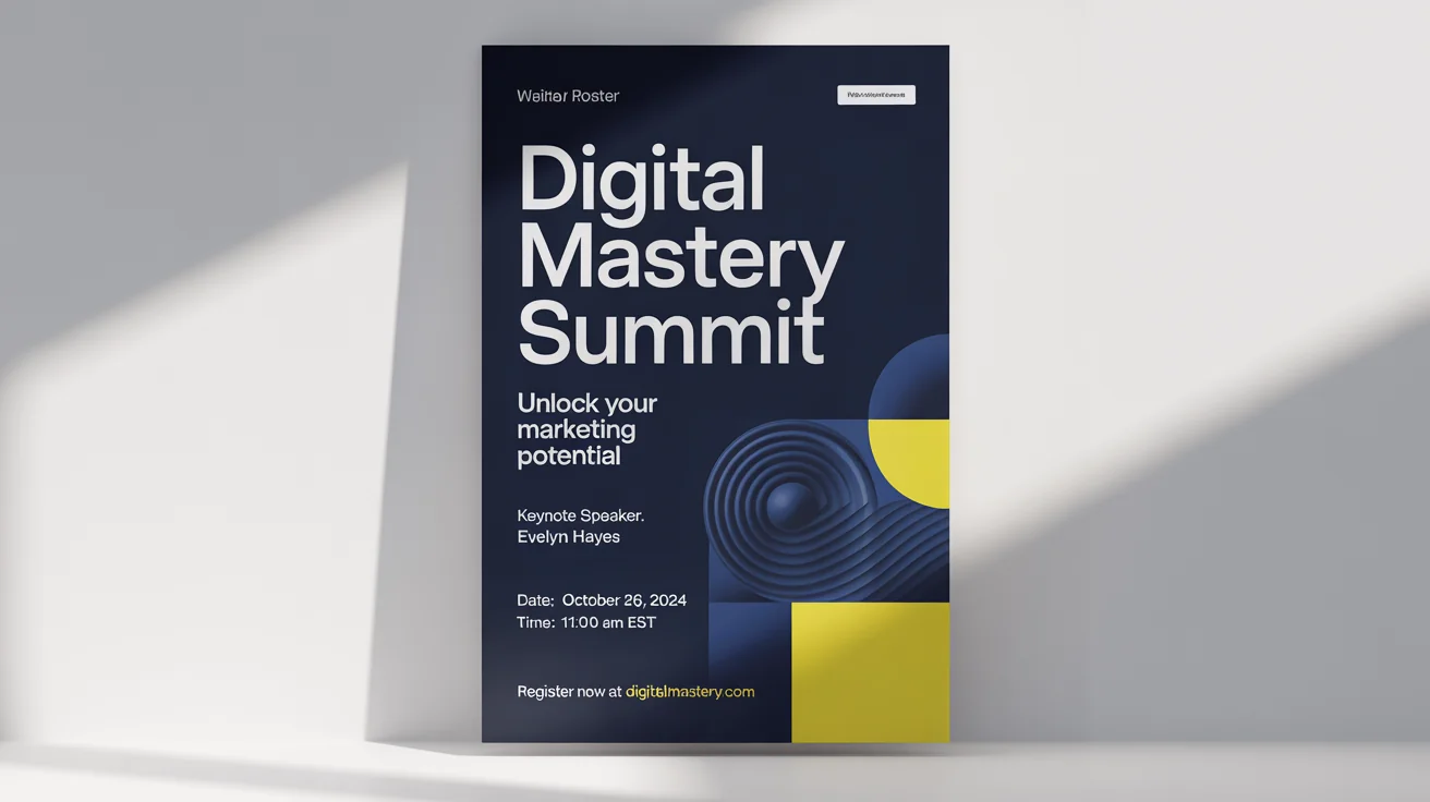 A modern webinar poster mockup for a 'Digital Mastery Summit', featuring a navy blue and yellow design with event details, set against a plain white background.