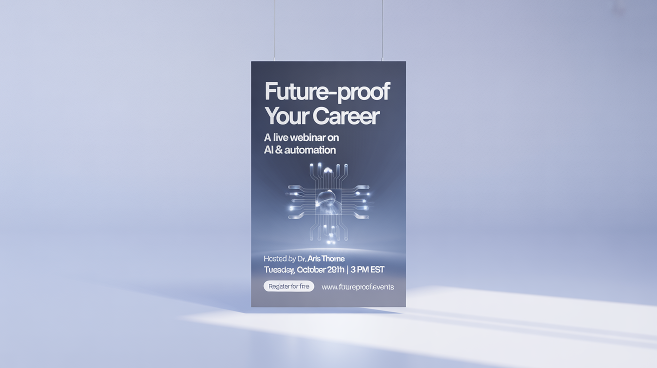 A professional webinar poster mockup for a talk on 'Future-Proof Your Career', showing the event date, time, and registration details against a clean white background.