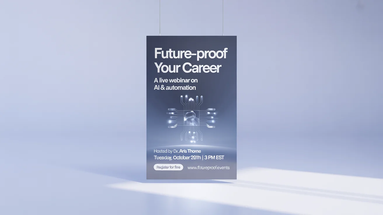A professional webinar poster mockup for a talk on 'Future-Proof Your Career', showing the event date, time, and registration details against a clean white background.
