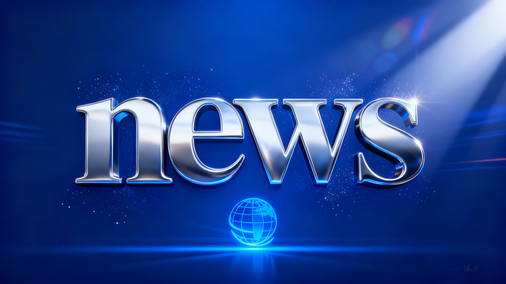 A high-definition still frame from a 3D news intro, showing the word "NEWS" in large metallic silver letters against a dark blue background with light flares and particle effects.