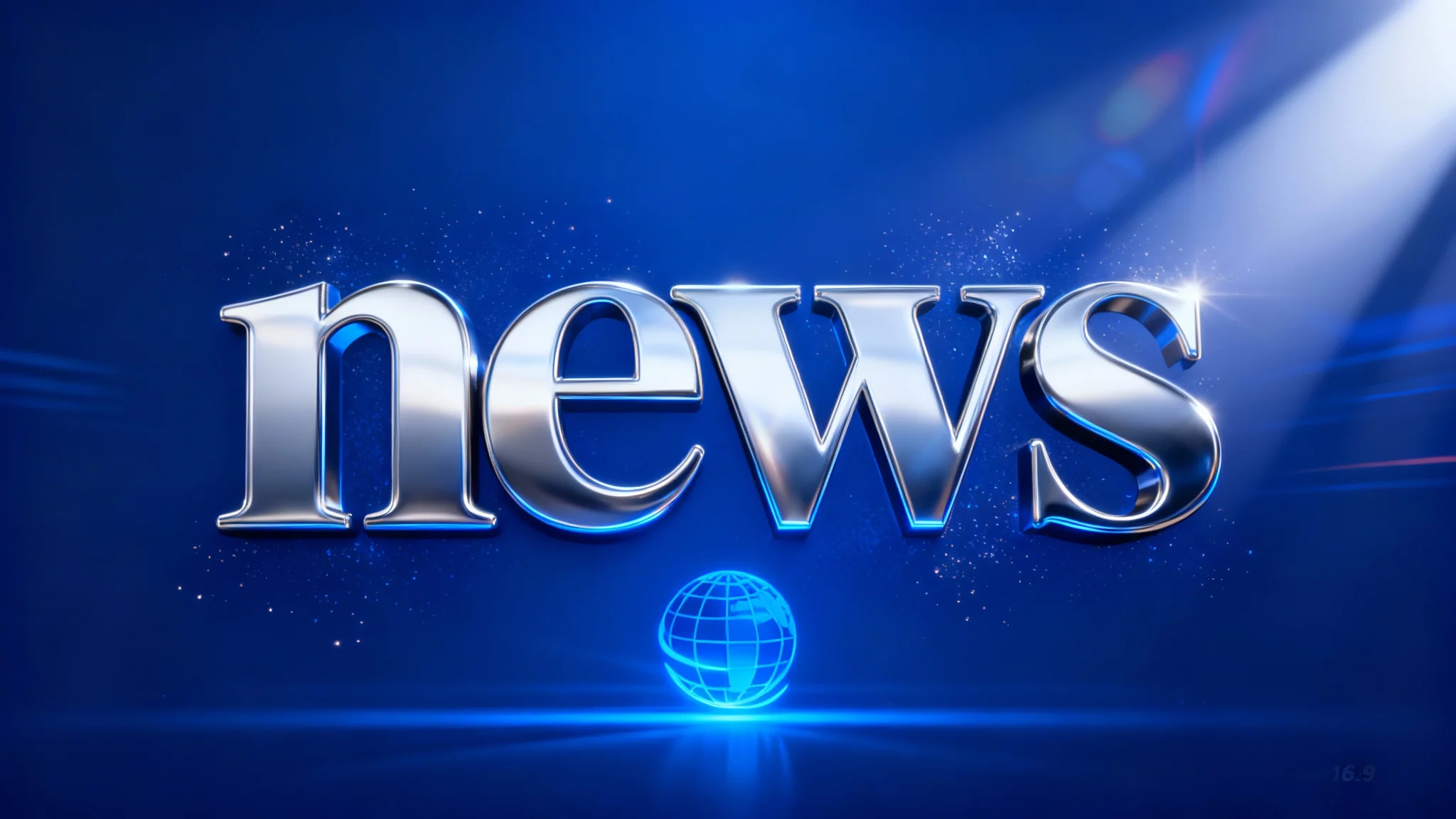 A high-definition still frame from a 3D news intro, showing the word "NEWS" in large metallic silver letters against a dark blue background with light flares and particle effects.