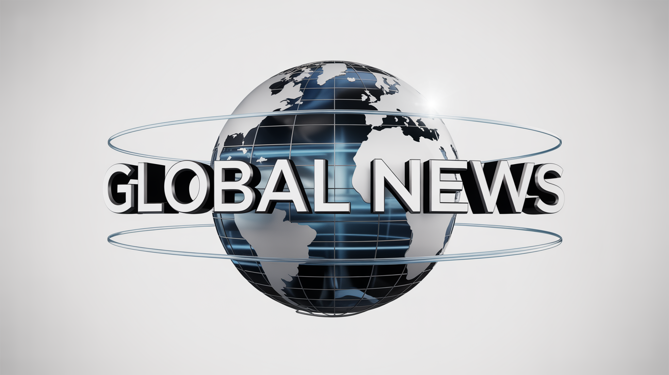 A 3D render of a news intro mockup, featuring a glowing blue glass globe and the words 'GLOBAL NEWS' in bold silver 3D text, all set against a plain white background.