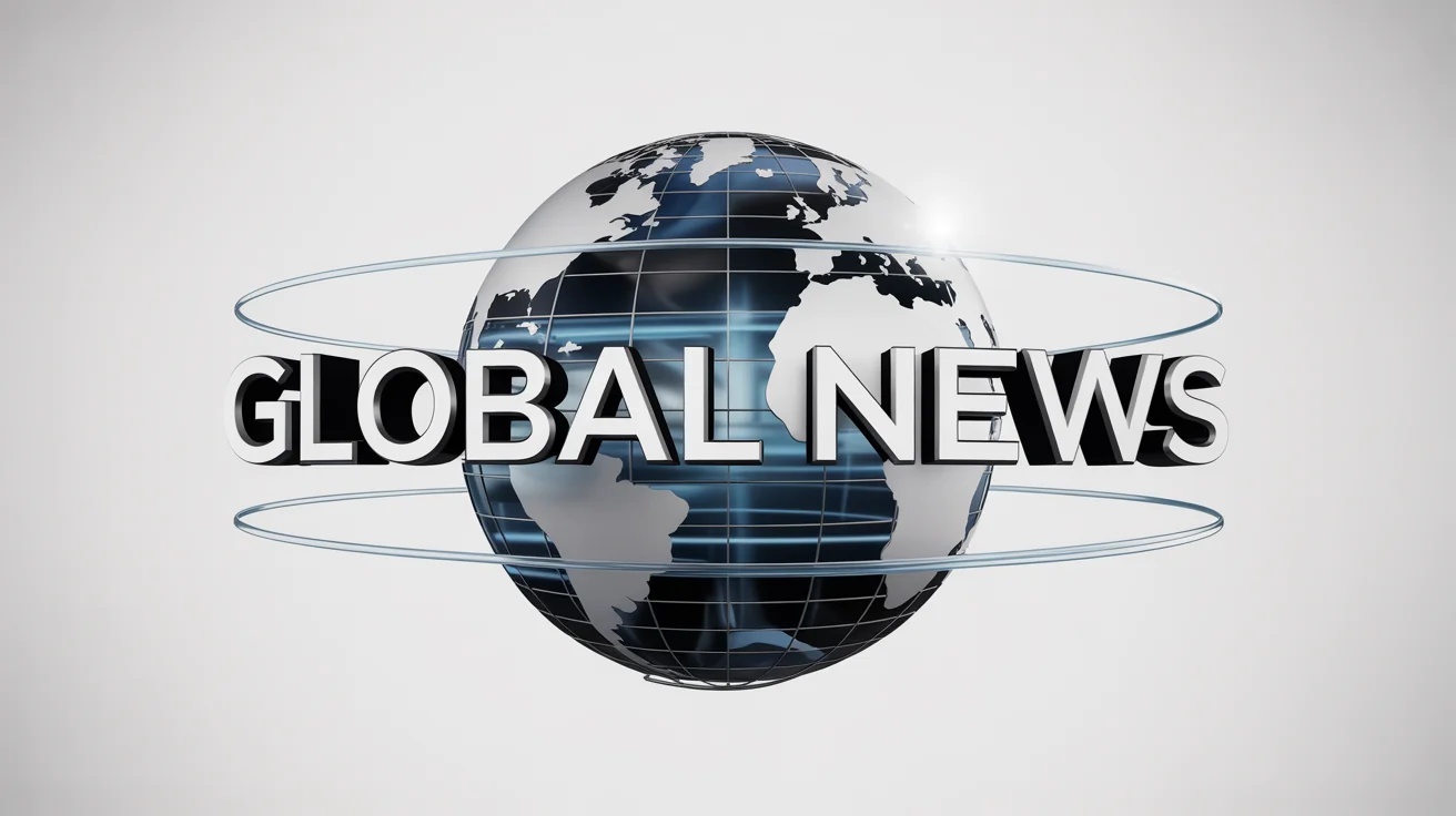 A 3D render of a news intro mockup, featuring a glowing blue glass globe and the words 'GLOBAL NEWS' in bold silver 3D text, all set against a plain white background.