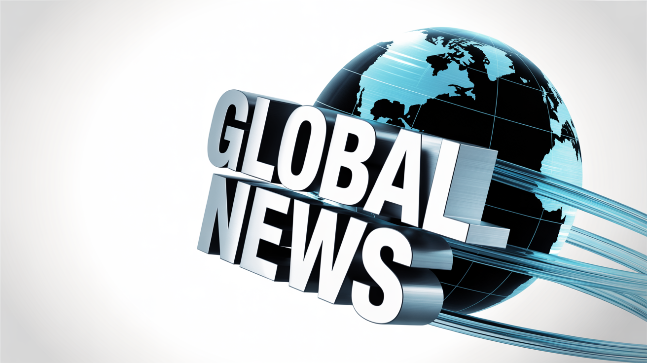 A 3D mockup of a global news broadcast intro, featuring the metallic text 'GLOBAL NEWS' in front of a glowing blue digital globe and light streaks, all on a white background.