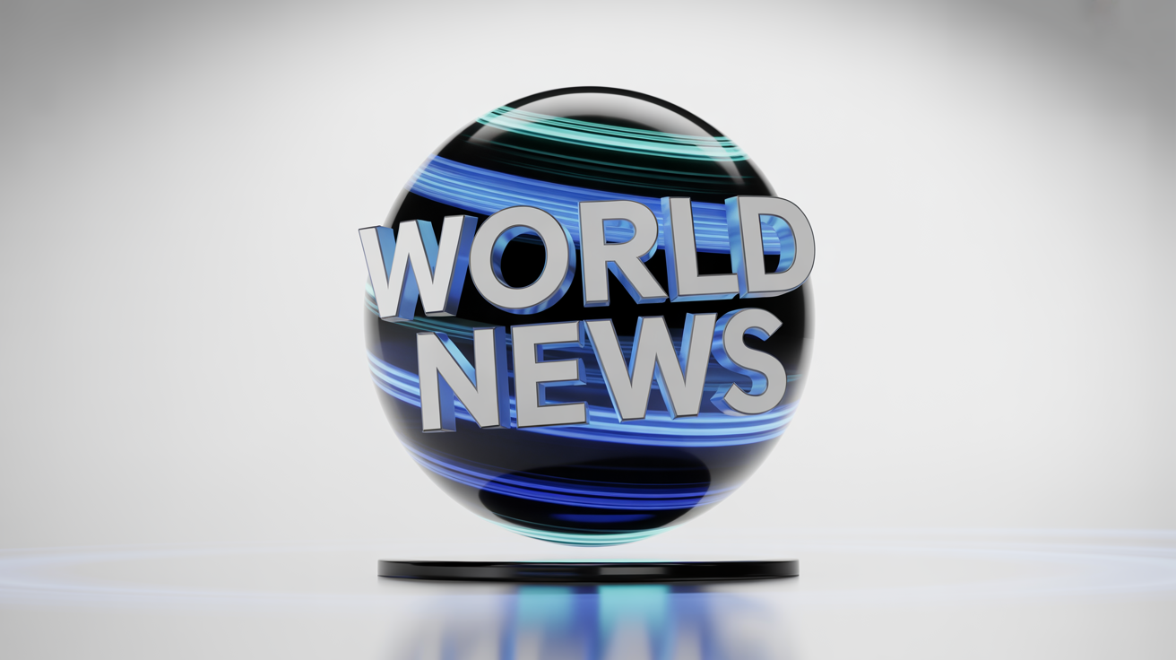 A 3D render of a crystal globe with glowing blue data streams, set against a white background. The words 'WORLD NEWS' are displayed in bold chrome 3D text in the foreground, simulating a professional news intro mockup.