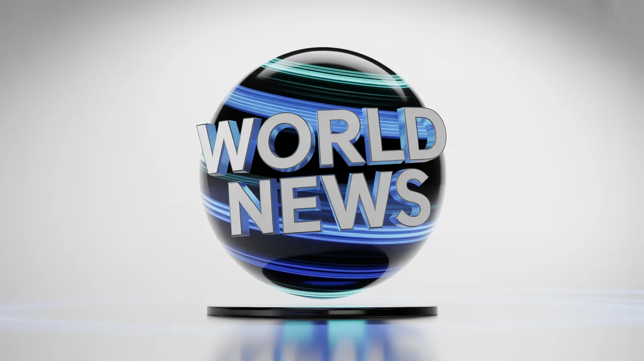 A 3D render of a crystal globe with glowing blue data streams, set against a white background. The words 'WORLD NEWS' are displayed in bold chrome 3D text in the foreground, simulating a professional news intro mockup.