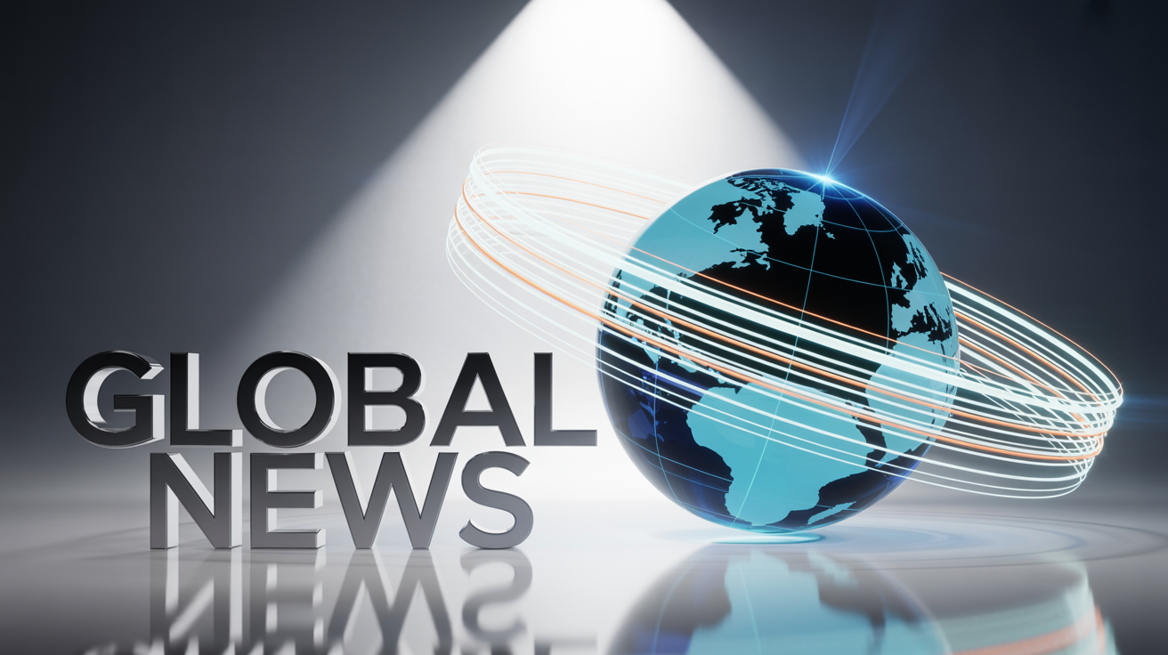 A 3D graphic for a news intro, featuring a translucent blue globe with glowing data lines orbiting it. The metallic 3D text 'GLOBAL NEWS' is in the foreground, all set against a white background.