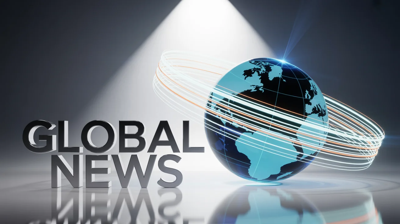 A 3D graphic for a news intro, featuring a translucent blue globe with glowing data lines orbiting it. The metallic 3D text 'GLOBAL NEWS' is in the foreground, all set against a white background.