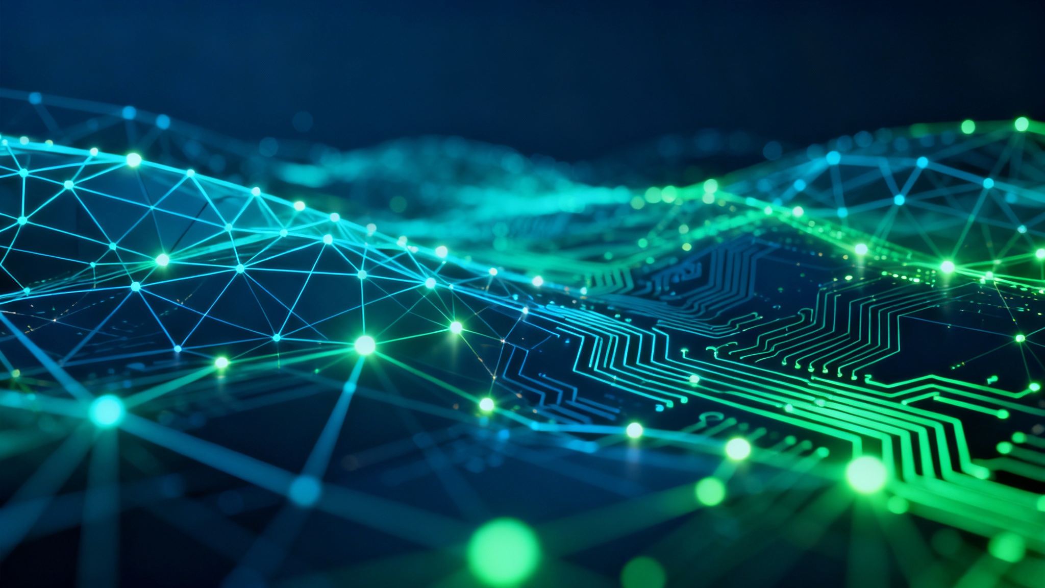 A visually stunning 16:9 abstract technology background in shades of blue and green, featuring glowing lines, connected nodes, and faint circuit patterns that create a sense of digital depth and innovation.