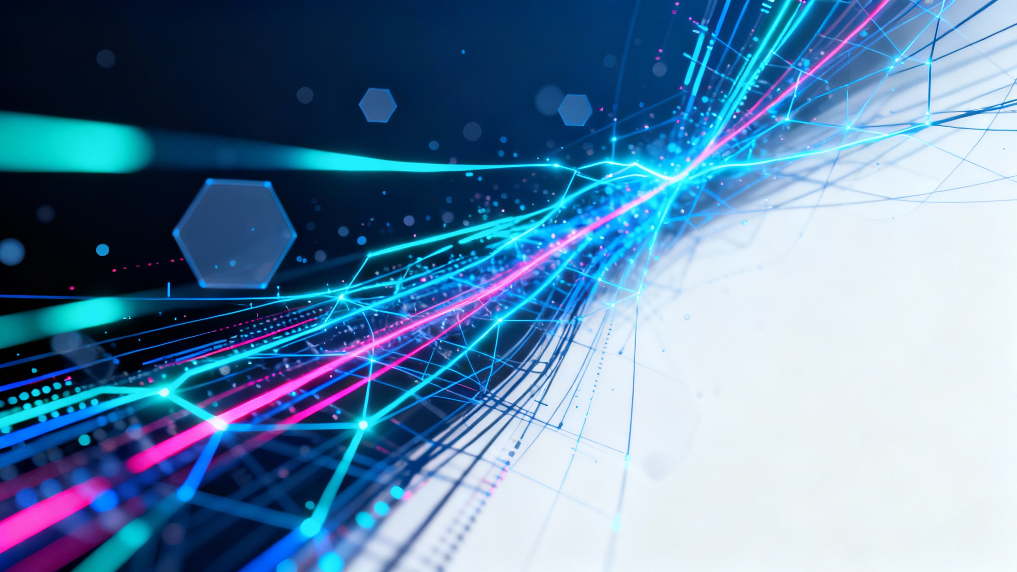 An abstract technology background with glowing blue and magenta lines forming a complex digital network on a dark, futuristic backdrop, isolated on a white background.