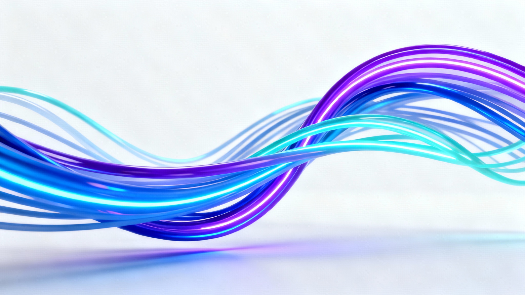 A minimalist abstract tech background featuring glowing blue and purple lines intertwined against a clean white backdrop, symbolizing digital connection and innovation.