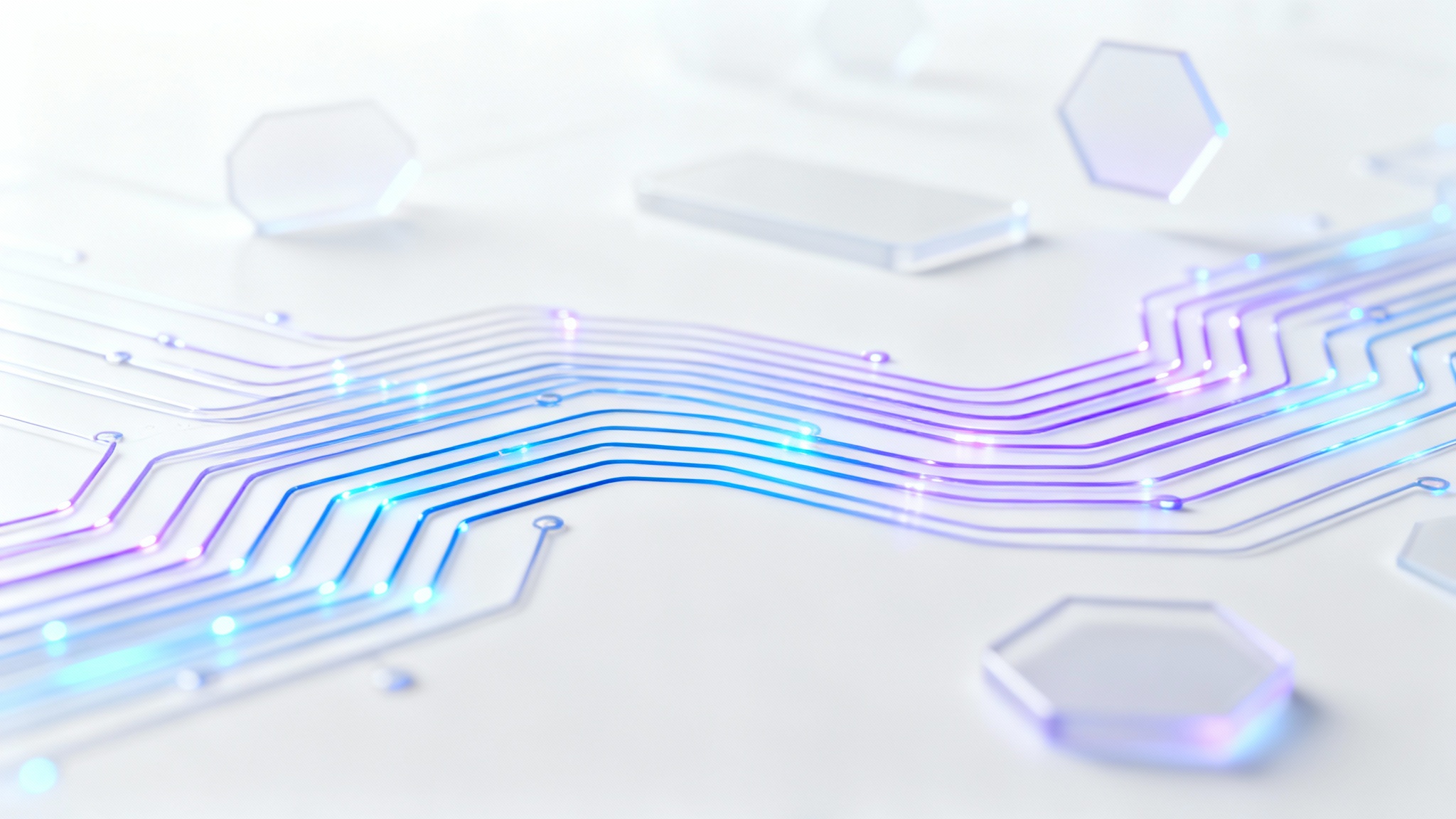 An abstract technology background with glowing blue and lavender lines flowing across a clean white surface, suggesting data and innovation.