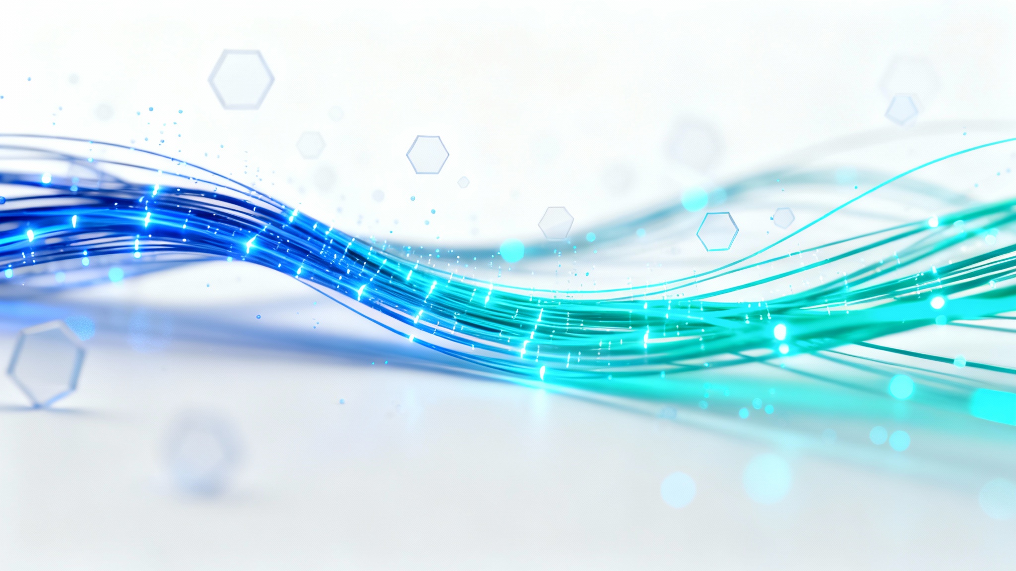 An abstract technology background featuring flowing, glowing blue and cyan lines that represent data streams on a clean white backdrop, creating a futuristic and minimalist feel.