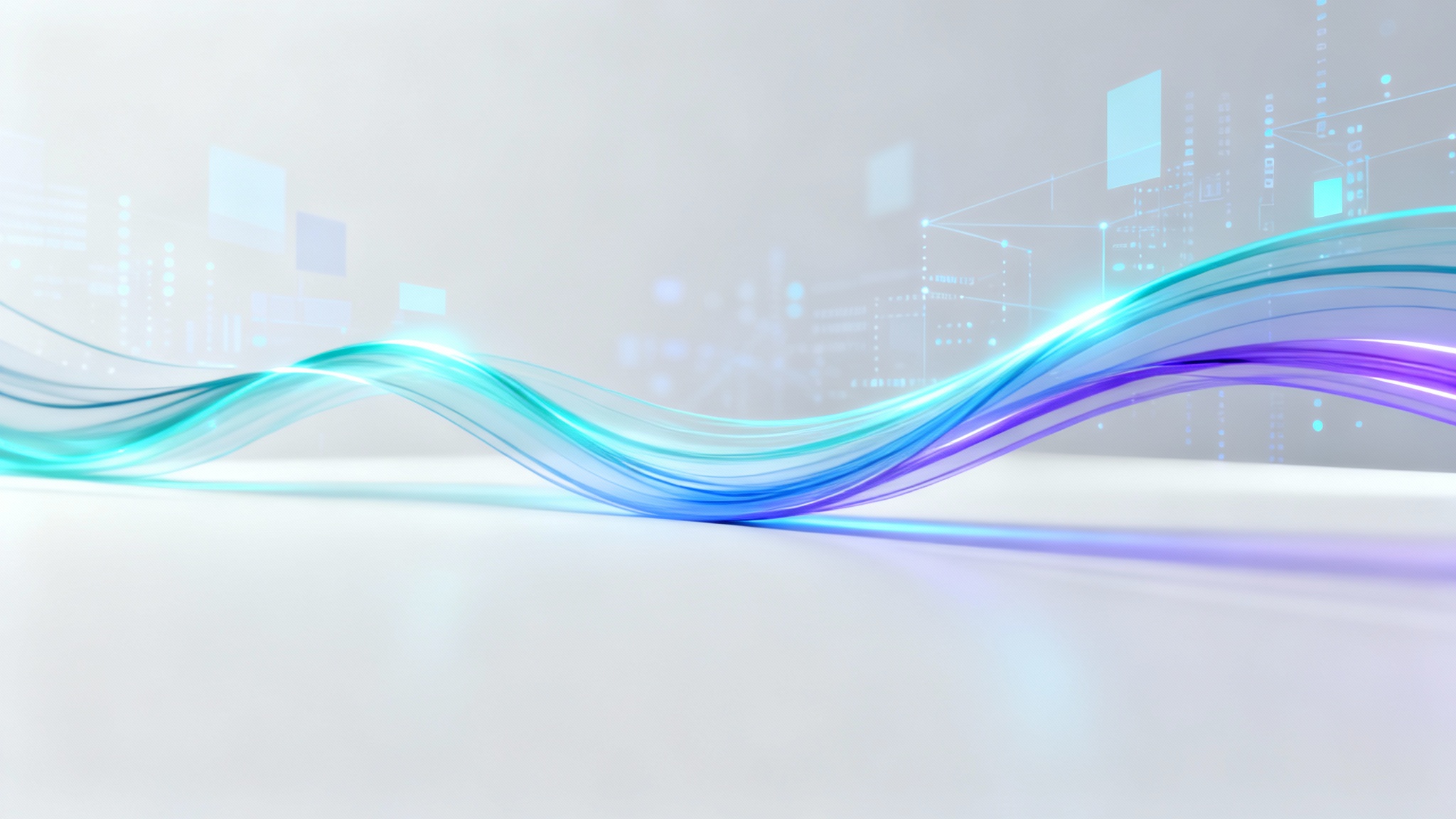 An abstract technology background with glowing blue and cyan lines flowing across a clean white surface, representing digital data and innovation.