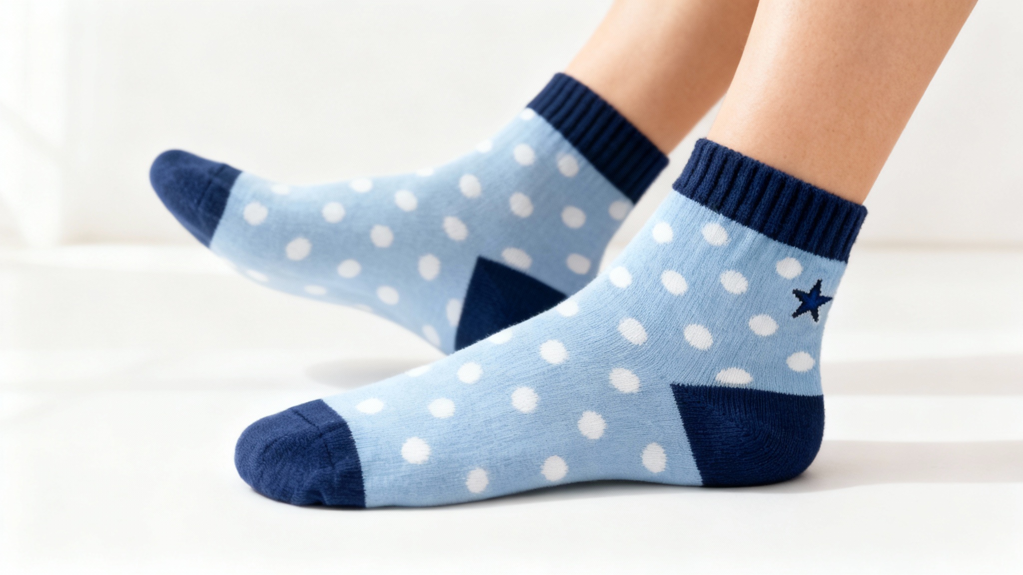 A high-end, realistic mockup showing a person wearing light blue ankle socks with white polka dots, a dark blue cuff, a navy heel and toe, and a small embroidered star on the ankle.