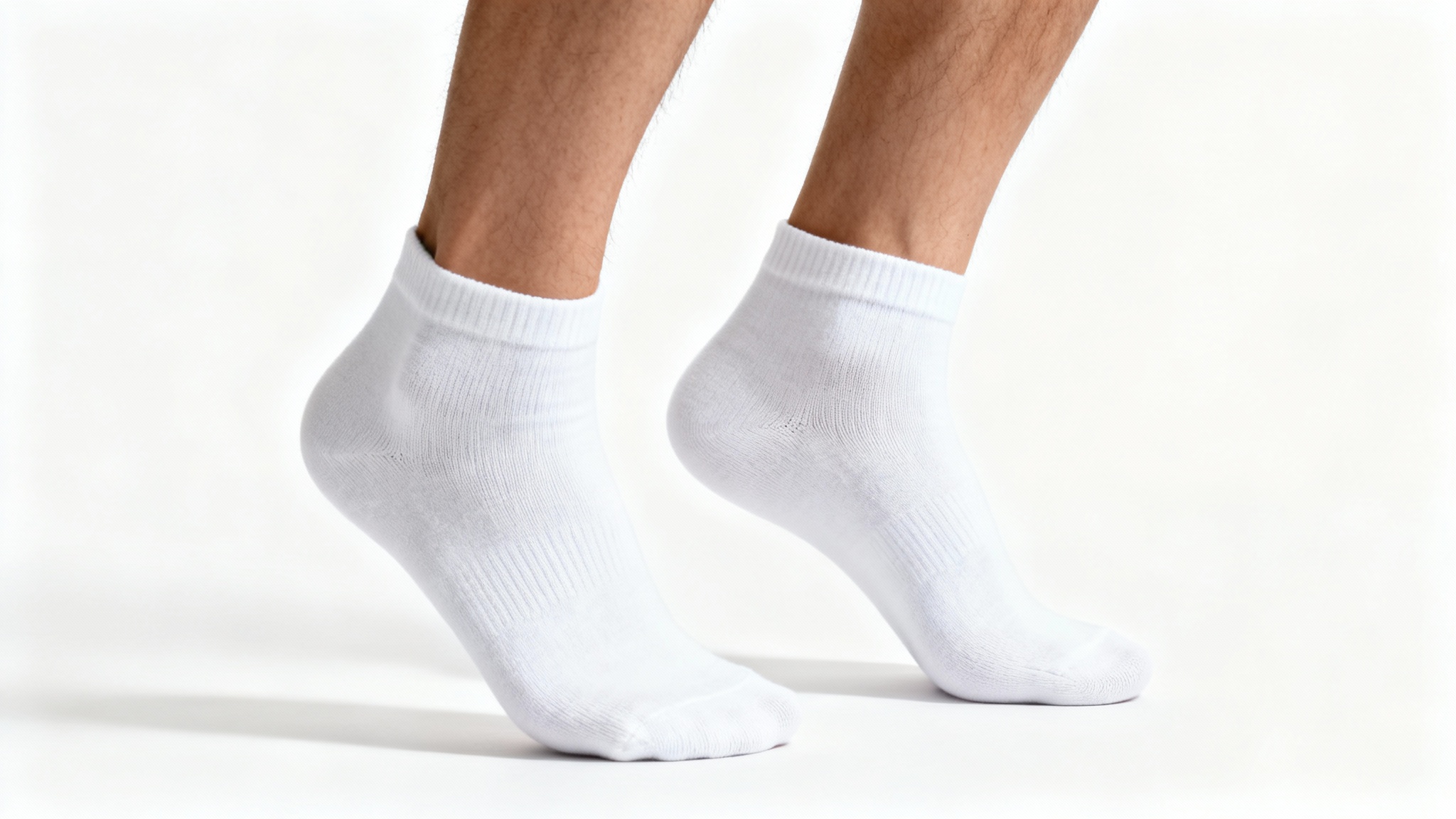 A photorealistic mockup of a person wearing clean, white ankle socks, showcased against a seamless white studio background to highlight the product's texture and fit.