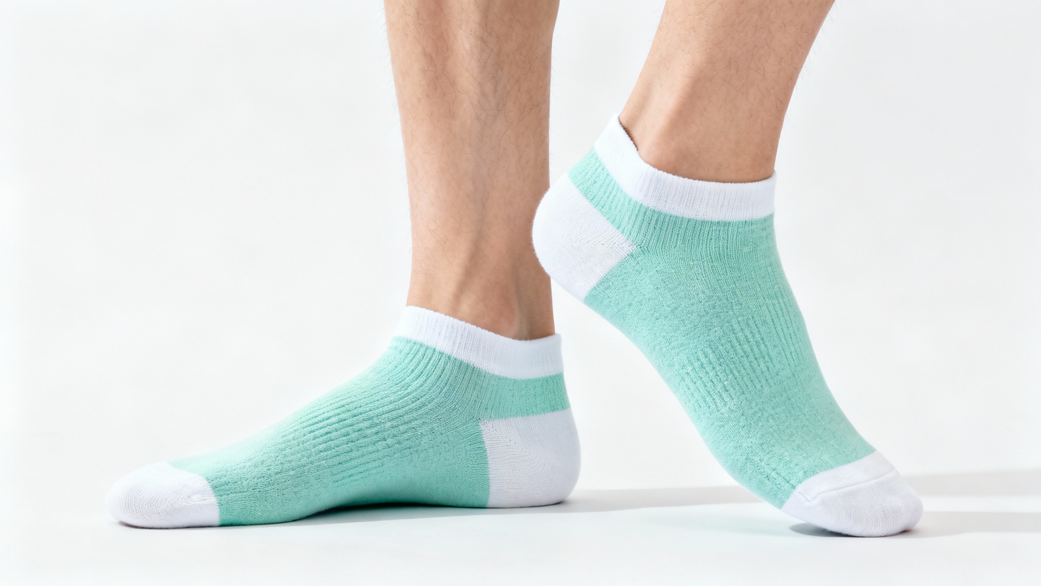 A close-up product mockup of a person's feet wearing soft pastel mint green ankle socks with white cuffs, against a solid white background.
