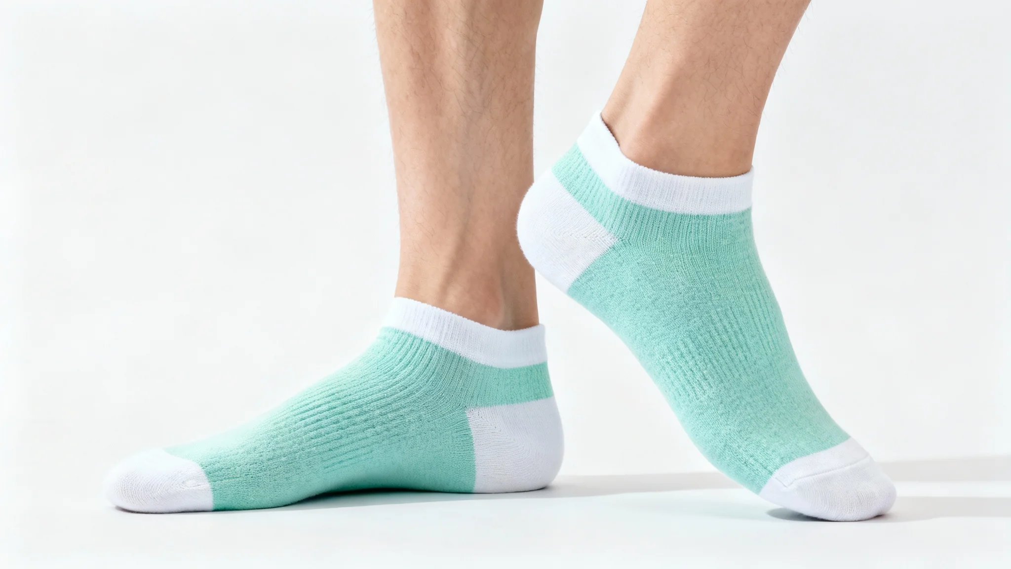 A close-up product mockup of a person's feet wearing soft pastel mint green ankle socks with white cuffs, against a solid white background.