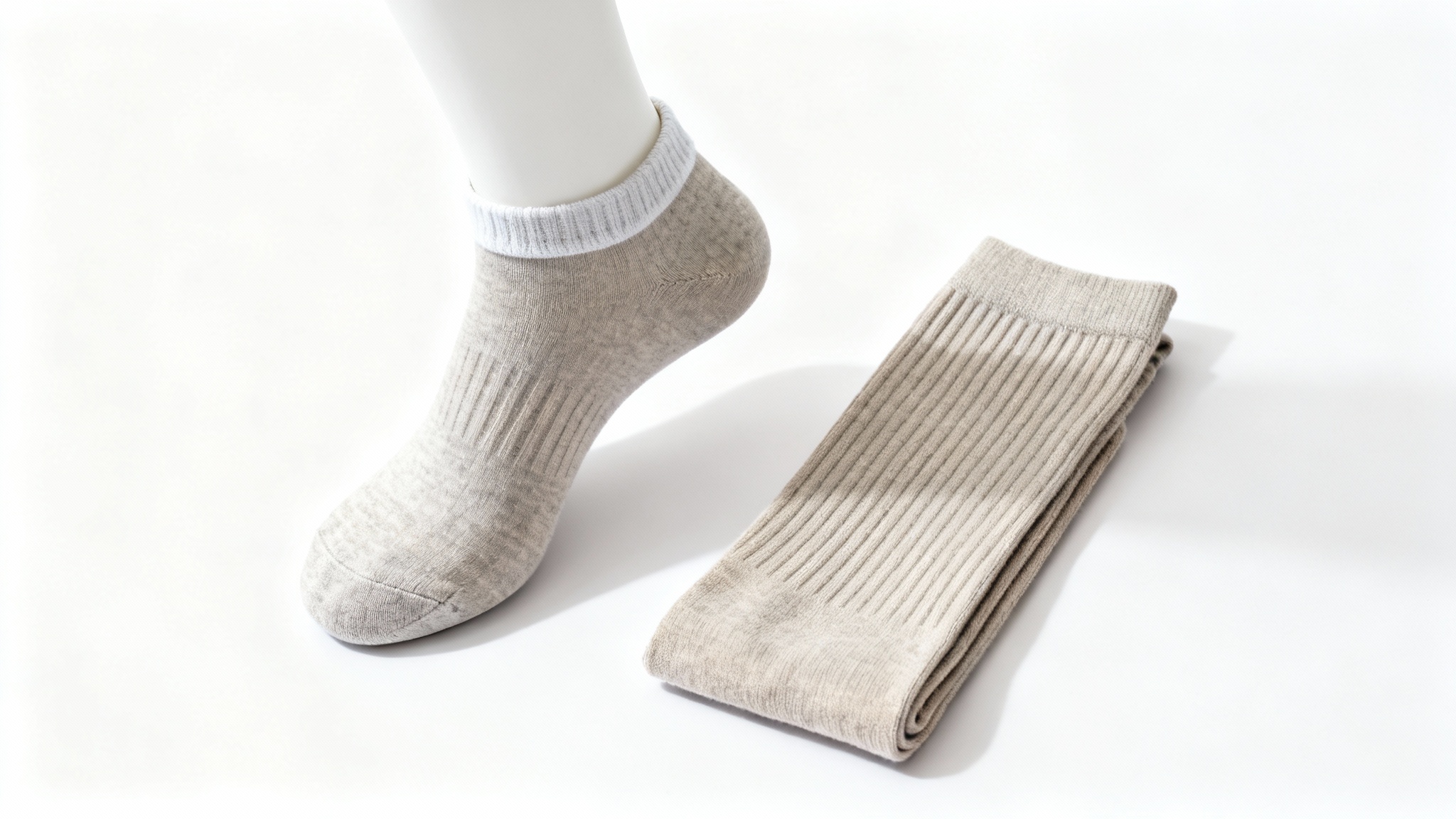 A professional mockup of a pair of light-colored ankle socks on a white background, with one sock displayed on a mannequin foot to show the fit and height.