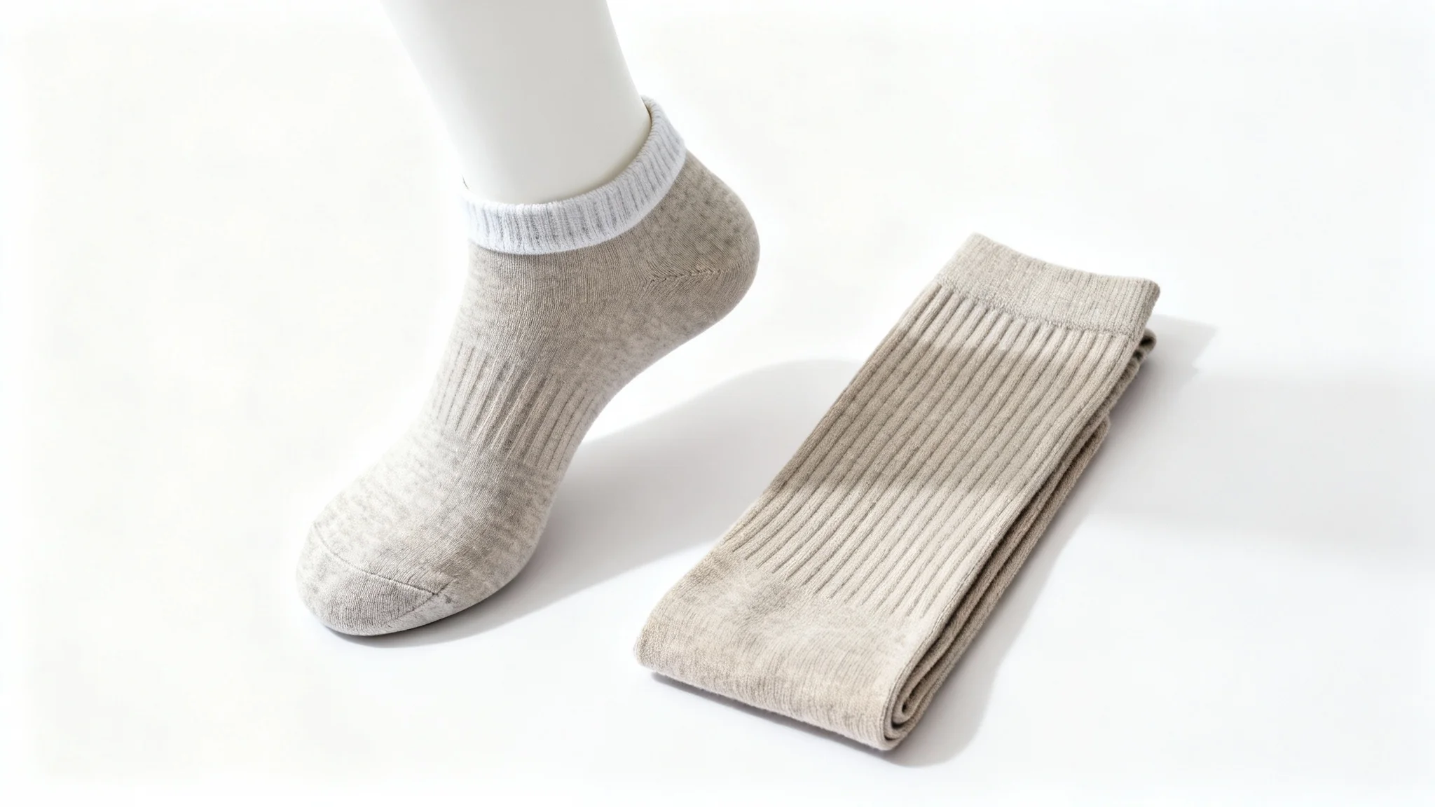 A professional mockup of a pair of light-colored ankle socks on a white background, with one sock displayed on a mannequin foot to show the fit and height.