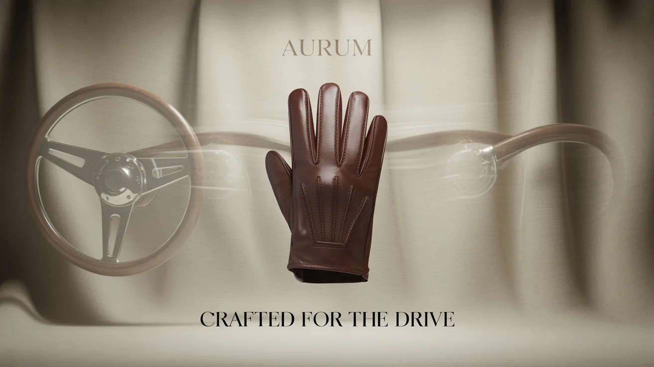 A professionally designed advertisement showing a single, high-end brown leather driving glove on a clean white background, with the brand name 'Aurum' and tagline 'Crafted for the Drive'.
