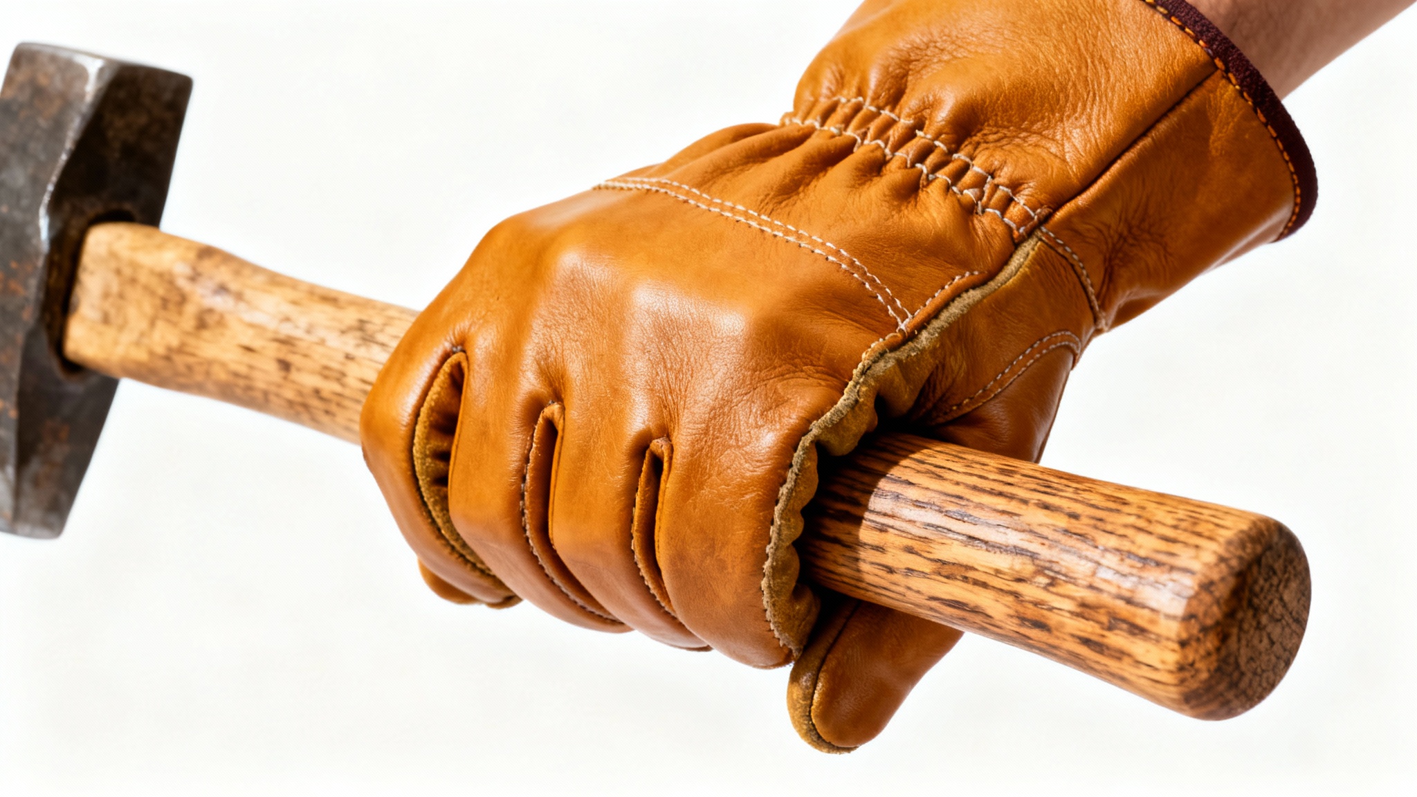A detailed, professional photograph of a single tan leather work glove gripping a wooden tool handle against a clean white background, highlighting its quality and durability.