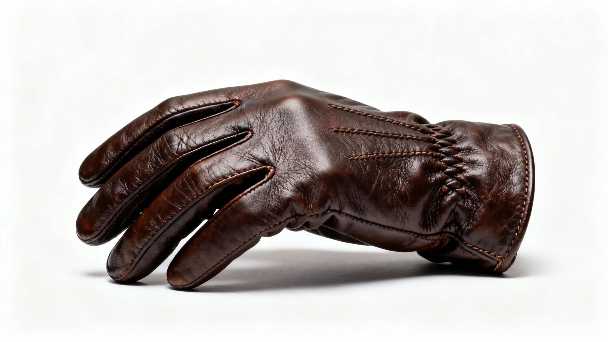 A single, high-quality dark brown leather glove with detailed stitching, presented against a clean white background in a product photography style.