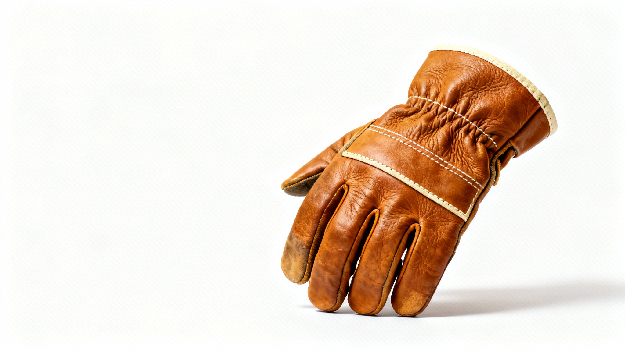 A high-quality, tan leather work glove with reinforced stitching, displayed in a professional product shot against a clean white background.
