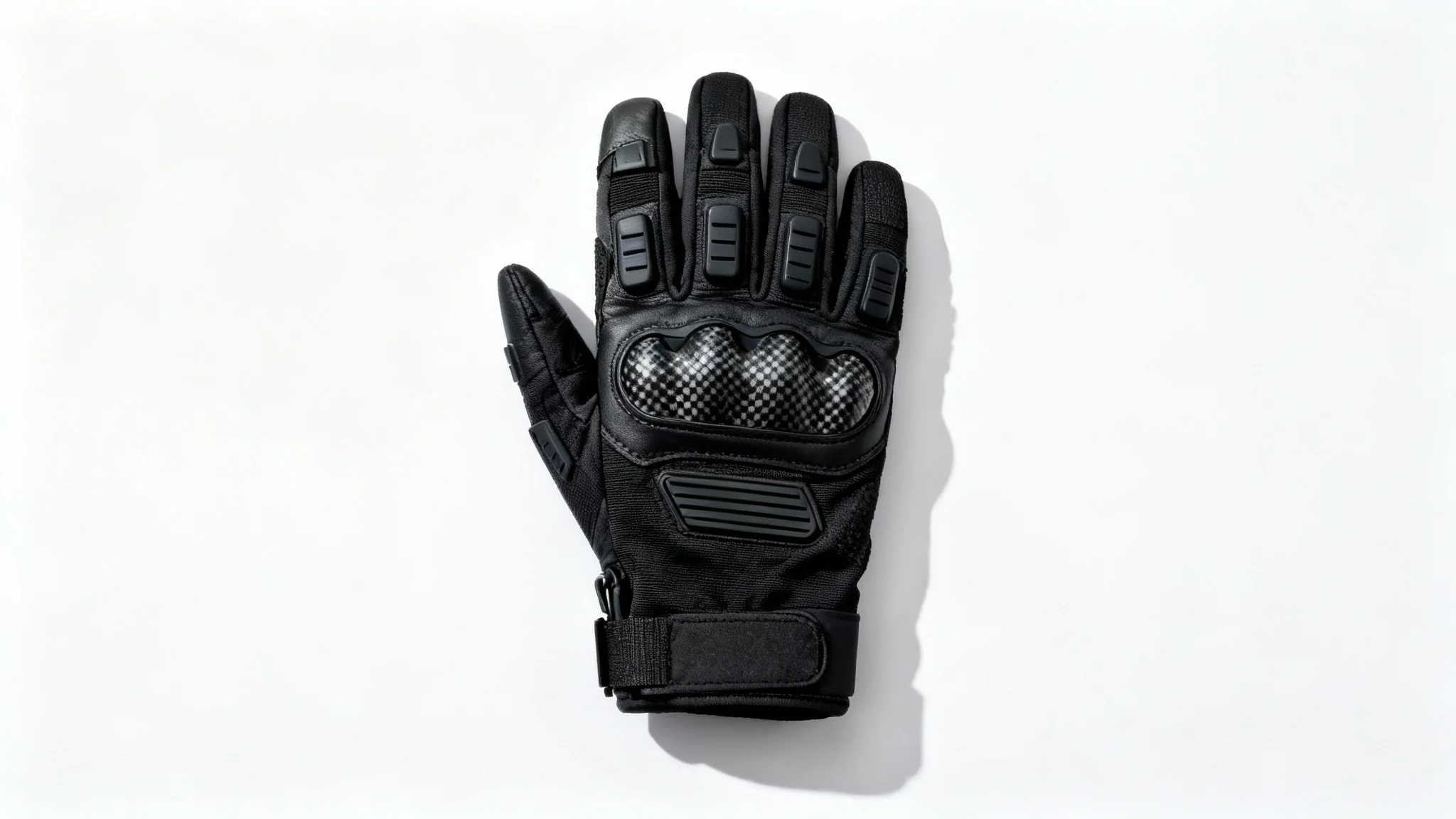 A modern black tactical glove with carbon fiber knuckles and textured grips, displayed flat on a clean white background in a studio photograph.