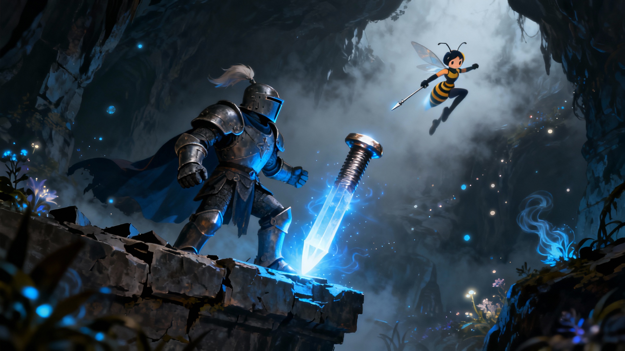 An epic and moody digital painting of Hollow Knight fan art. The Knight stands on a dark ledge with a glowing weapon, while Hornet is posed dynamically in the misty background, creating a dramatic and atmospheric scene.