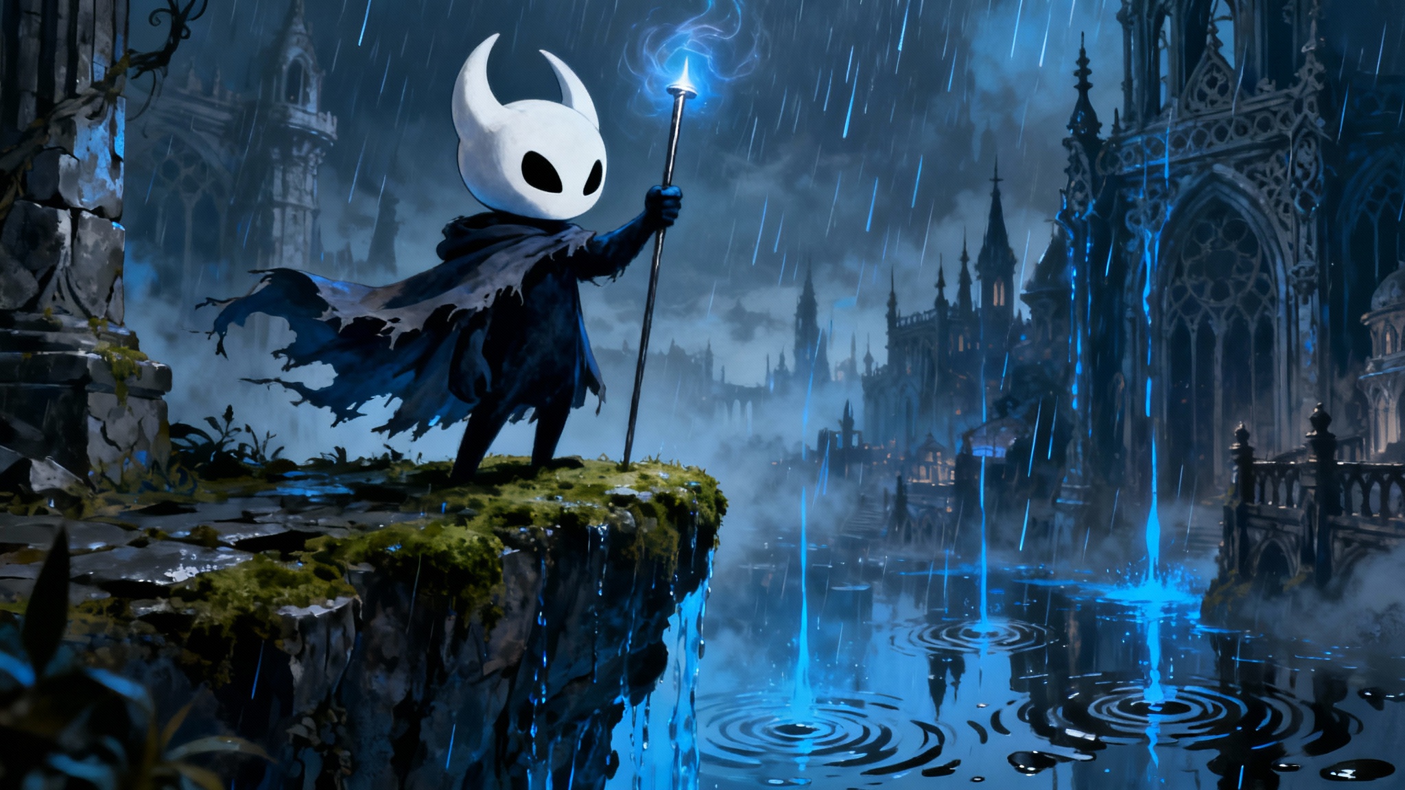 A highly detailed digital painting depicting the Knight from Hollow Knight standing on a ledge overlooking the rainy, gothic City of Tears, holding its nail.
