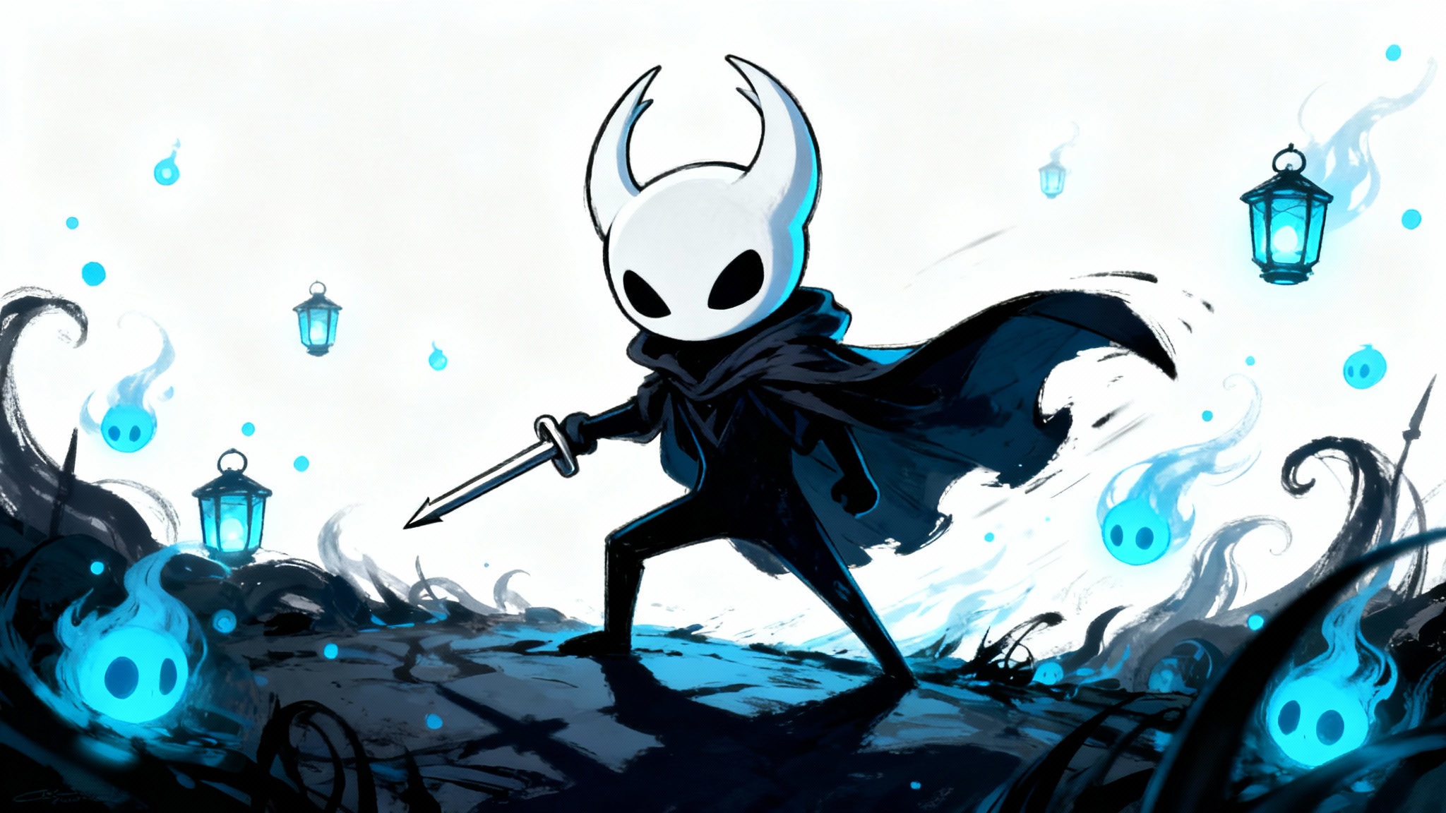 A striking piece of digital fan art depicting The Knight from Hollow Knight against a white background. The character is in a dynamic pose with its nail weapon ready, surrounded by glowing blue particles.