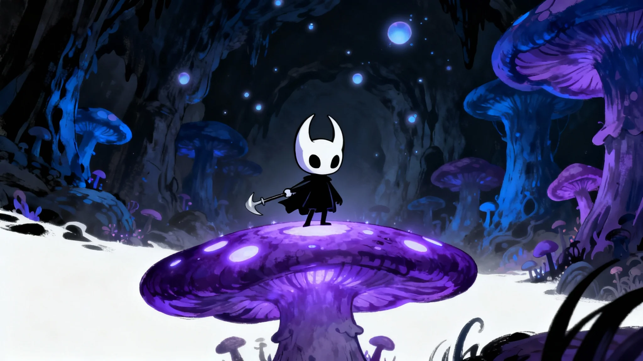 A piece of digital fan art depicting the Knight from the video game Hollow Knight. The character is standing on a glowing purple mushroom in a dark, atmospheric cavern, set against a clean white background.
