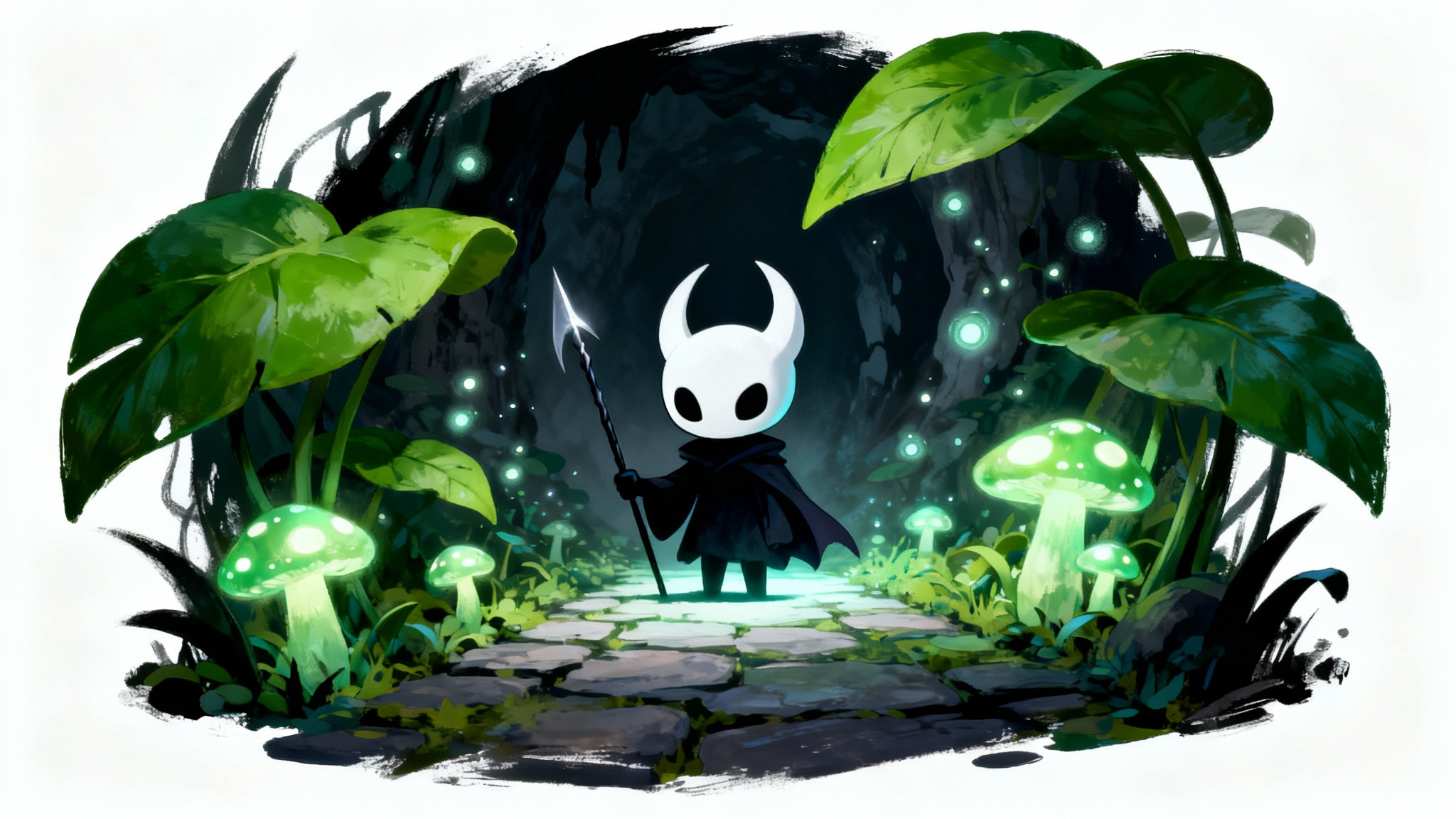 A piece of fan art depicting the main character from the game Hollow Knight standing in a lush, green, and moody cavern, presented on a clean white background.