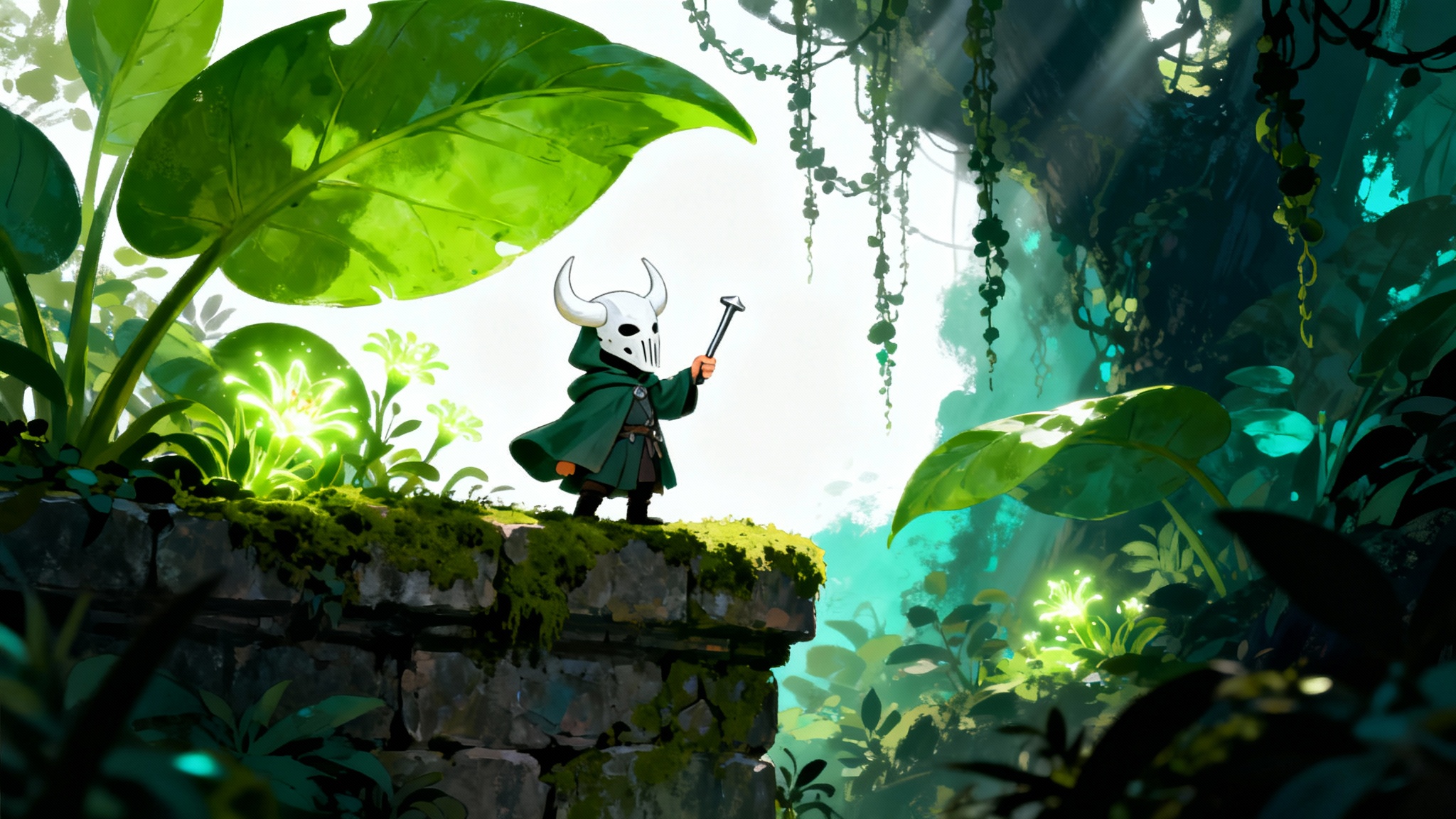 A vibrant piece of Hollow Knight fan art showing the Knight character standing in a lush, green environment, presented against a plain white background.