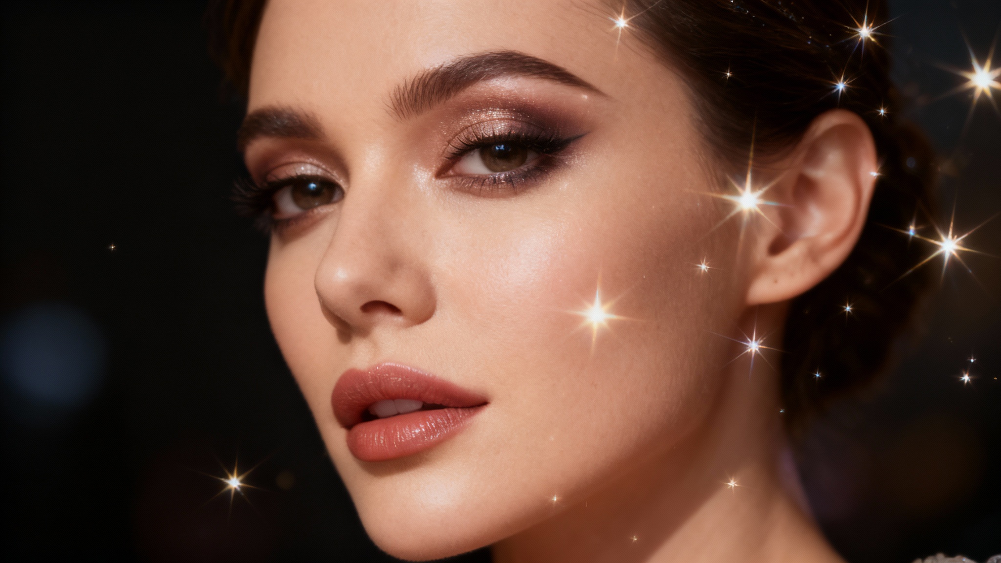 A glamorous close-up portrait of a woman, with shimmering digital sparkles added around her to create a magical and ethereal effect, demonstrating a sparkle overlay result.