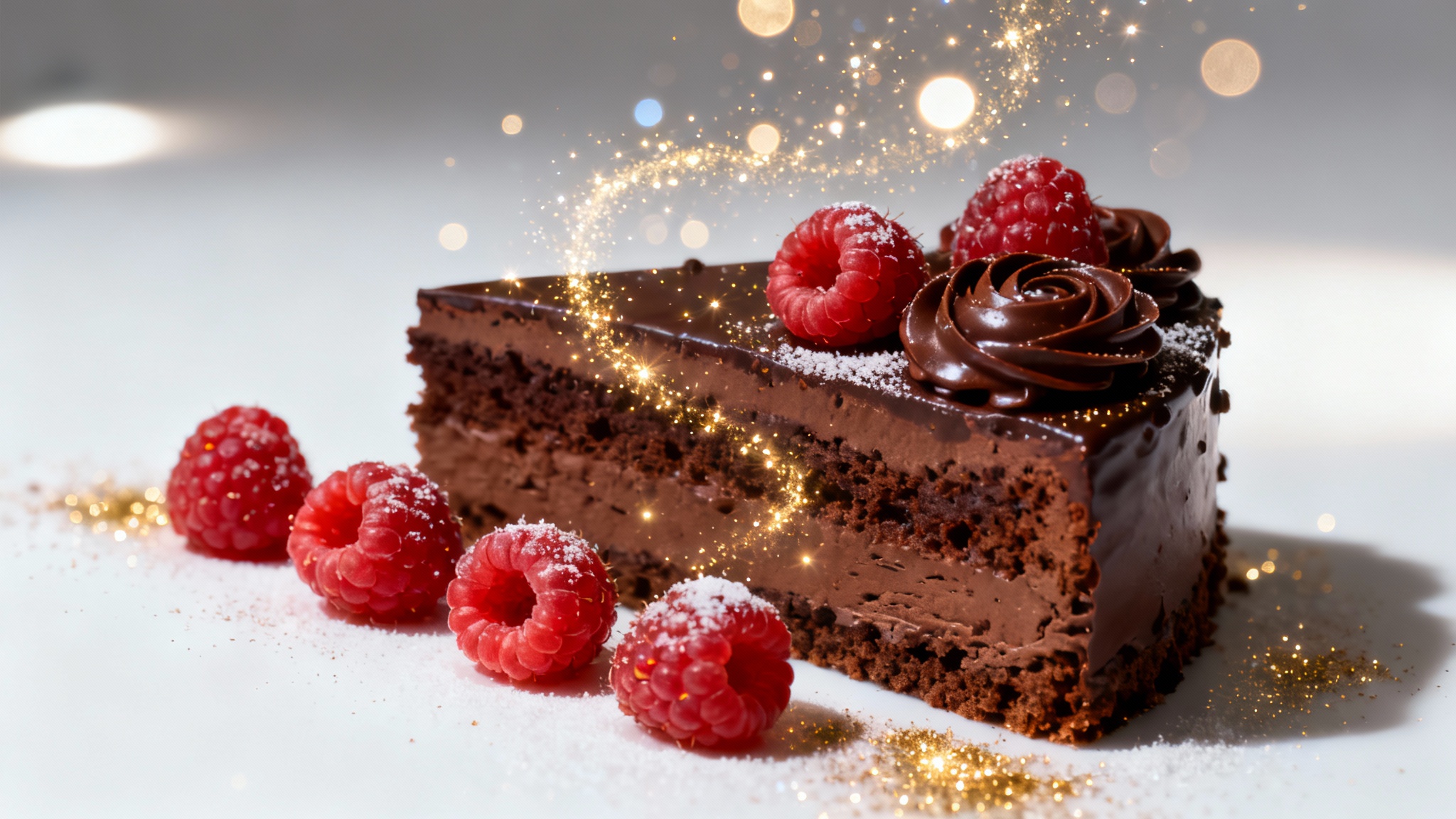 A photorealistic close-up of a slice of chocolate cake with raspberries, enhanced with a beautiful glowing sparkle overlay, isolated on a white background.