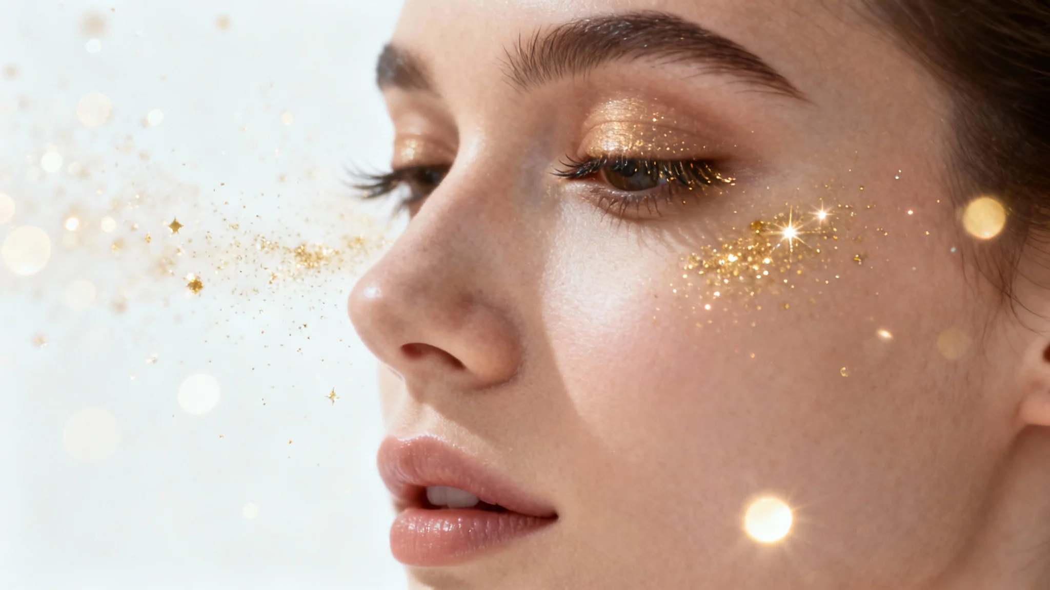 A photorealistic close-up of a woman's face in profile, enhanced with a magical overlay of shimmering golden sparkles against a stark white background.