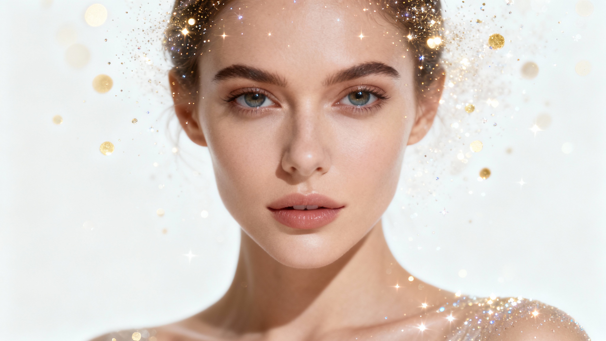 A hyper-realistic close-up portrait of a beautiful woman with a shimmering sparkle overlay effect, with glittering particles of light floating around her, isolated on a clean white background.