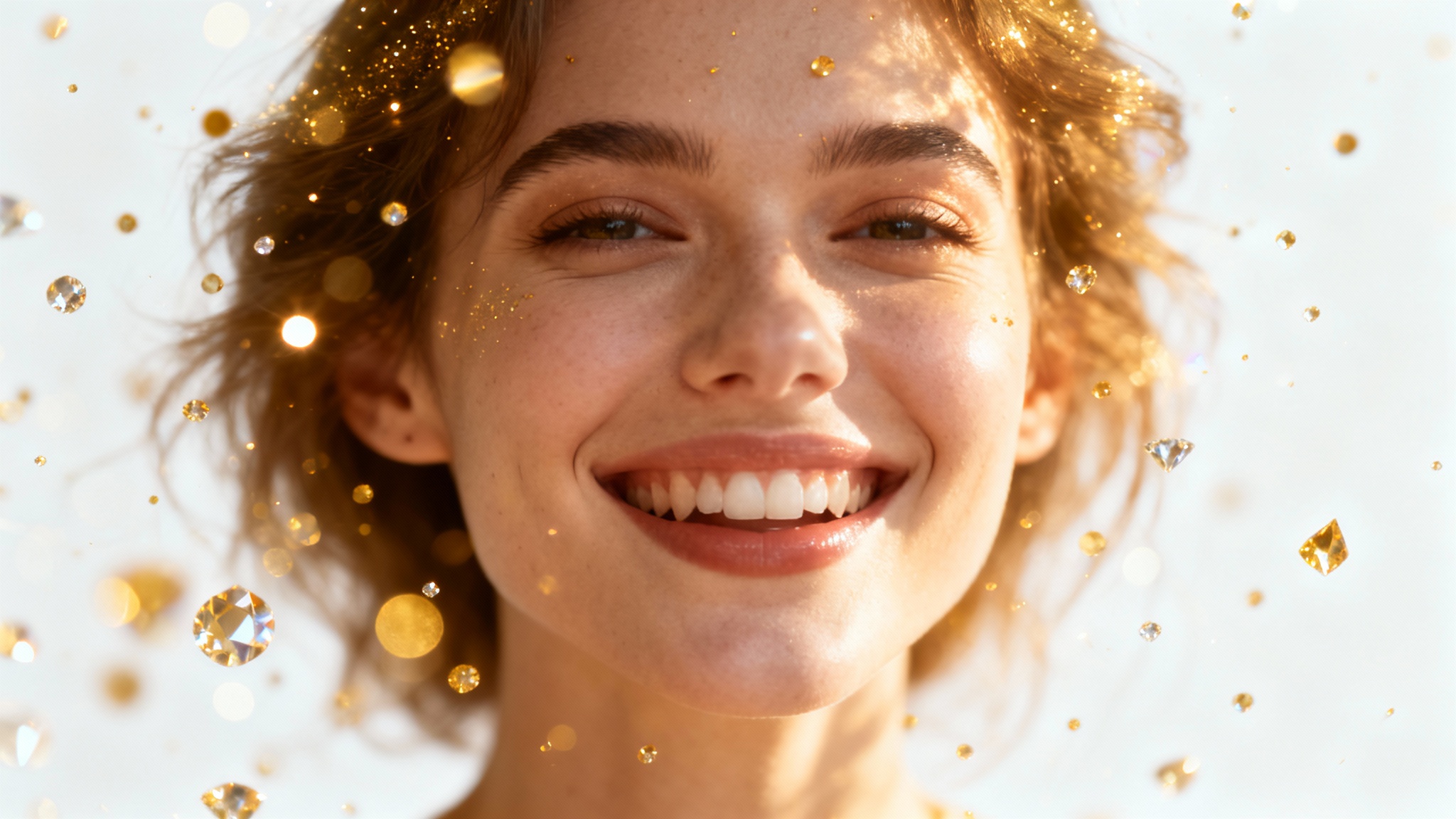 A close-up portrait of a woman with a beautiful, shimmering sparkle overlay effect applied to the image, set against a plain white background.