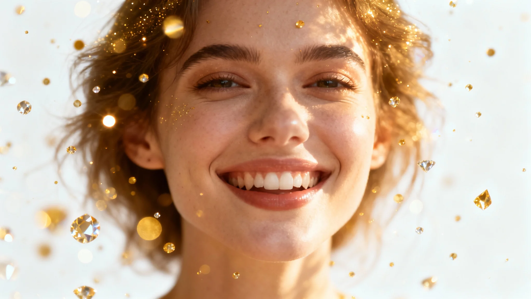 A close-up portrait of a woman with a beautiful, shimmering sparkle overlay effect applied to the image, set against a plain white background.