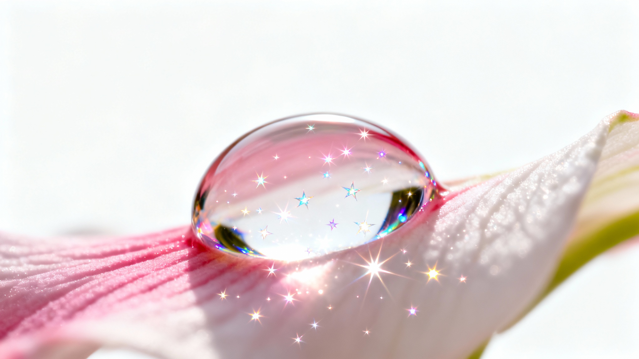 A close-up photorealistic image of a water droplet on a flower petal, enhanced with a magical sparkle overlay effect against a solid white background.