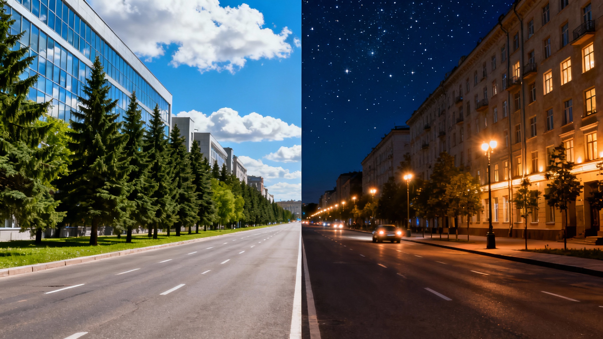 A split-screen hero image demonstrating an AI day-to-night effect. The left half depicts a city road in bright daylight, and the right half shows the same scene magically transformed into a beautiful, illuminated night.